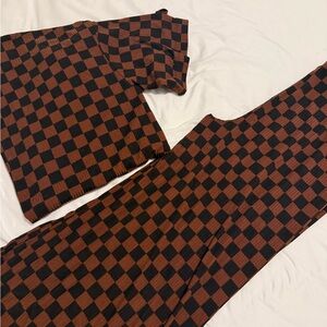 Dressed in LALA Checkered Top and Pants Set - Black and Brown